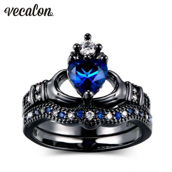 Vecalon Claddagh femmes fiançailles bague de mariage pierre bleue Zircon Cz 10KT or noir rempli pierre de naissance ensembles de mariée bague