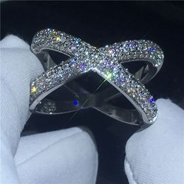 Vecalon Cross X Ring Zilver Kleur Pave Setting Zirkoon CZ Crystal Engagement Wedding Band Ringen voor Dames Vinger Sieraden