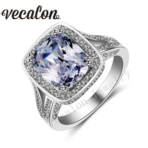 Vecalon Coussin coupe 10ct Bague en diamant simulé 192pcs Cz Stone 14KT Or blanc rempli Bague de fiançailles Bague de mariage pour femme Sz 5-11