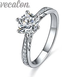 Vecalon joyería de moda 1ct Cz diamante anillo de compromiso de boda para mujer 10KT oro blanco lleno anillo de dedo de fiesta femenina