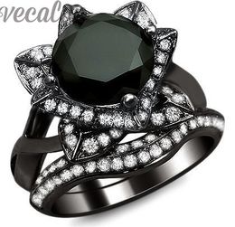 Vecalon fashion New Wedding Band Ring Set para mujer 3ct Black Cz diamond 10KT Black Gold Filled Female Party anillo de dedo