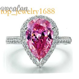 Vecalon Fashion Pear Cut 4ct Pink CZ Diamond Betrokkenheid trouwring voor vrouwen Sterling Sier Female Finger Ring