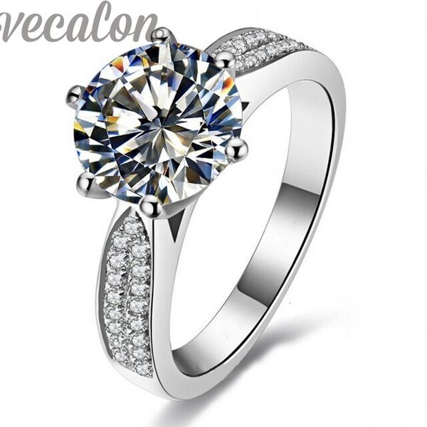 Vecalon Fashion ring Solitaire Round 4ct Cz Diamond ring 14KT White Gold Filled Women Engagement Wedding Band ring Sz 5-11