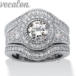 Vecalon Fashion Vintage Engagement Wedding band Ring Set voor Vrouwen 2ct Cz Diamant 10KT Wit Goud Gevuld Party Vinger ring3337