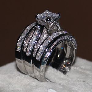 Vecalon joyería fina corte princesa 20ct Cz diamante compromiso boda anillo conjunto para mujer 14KT oro blanco lleno anillo de dedo