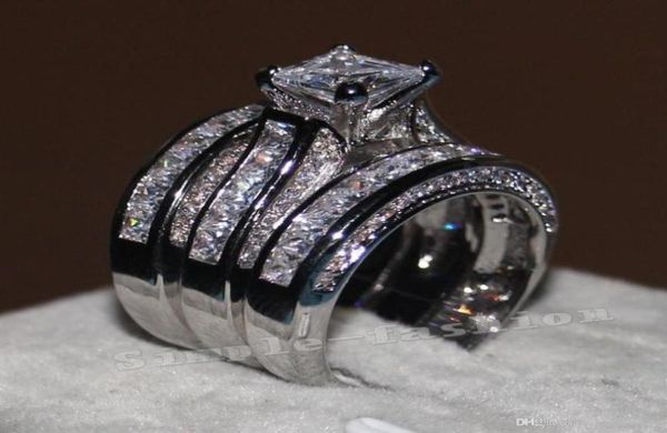 Vecalon Fine Jewelry Princesse taille 20ct Cz diamant Bague de fiançailles de mariage ensemble pour les femmes 14KT or blanc rempli bague RR3376381