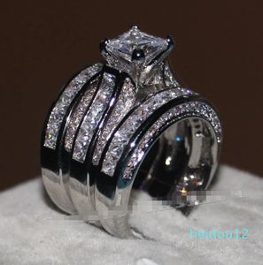 Vecalon Fijne Sieraden Prinses geslepen diamant Verlovingstrouwring Ring Set voor Vrouwen Wit Goud Gevulde Vingerring