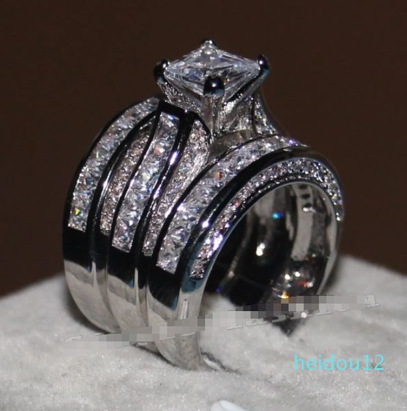 Vecalon bijoux fins princesse taille diamant fiançailles bague de mariage ensemble pour femmes or blanc rempli bague
