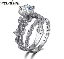 Vecalon Flower Jewelry 925 anillo de plata esterlina 5A Zircon Cz Stone Compromiso anillos de boda conjunto para mujeres Festival Gift1090259
