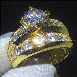 Vecalon Goud Kleur Solitaire Trouwring set 925 Sterling Zilveren Diamanten Steen Dagelijkse Verlovingsband ringen voor vrouwen Jewelry241K