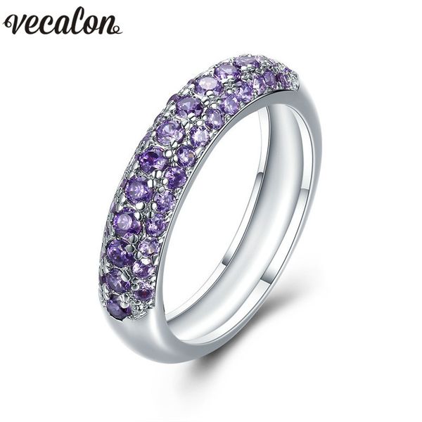 Anillo de banda de aniversario hecho a mano de Vecalon para mujer pavimenta diamantes púrpura Cz 925 anillos de boda de compromiso de plata para mujer
