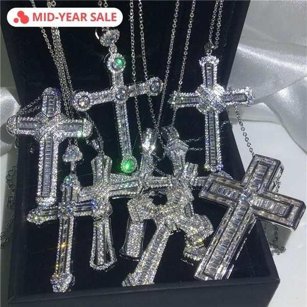 Vecalon Handmade Hiphop Big Cross Pendant 925 STERLING Silver Cz Stone Vintage Pendant Collier Fomen Men Wedding Jewelry209G