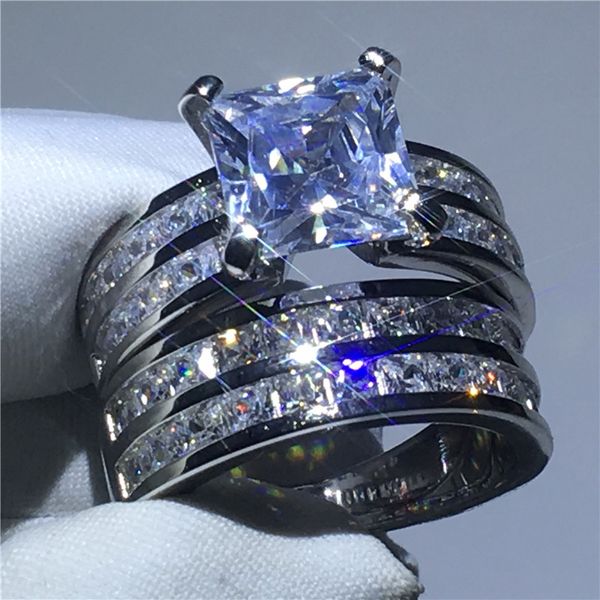 Vecalon Conjunto de anillos de promesa hechos a mano Plata de ley 925 Corte princesa 5A Zircon Cz Anillos de compromiso para mujeres Hombres Joyería mejor regalo