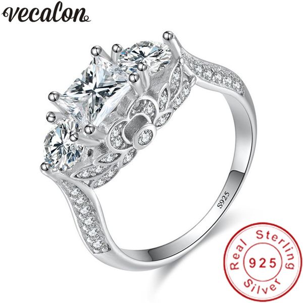 Vecalon Handmade à trois pierres 925 Sterling Silver Bague 5a Zircon CZ Engagement Bandes de mariage pour femmes Bijoux de mariée