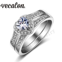 Vecalon Heart Jewelry Wedding Band Ring Set para mujer 1ct diamante simulado Cz 10KT oro blanco lleno anillo de compromiso femenino