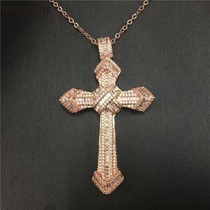 Vecalon HIPHOP Big Croix pendentif Or Rose Rempli 925 argent Diamant Partie De Mariage Pendentifs avec collier pour Femmes Hommes Bijoux