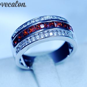 Vecalon bijoux rouge grenat Cz fête anneaux de mariage pour hommes 10KT or blanc rempli homme bague de fiançailles