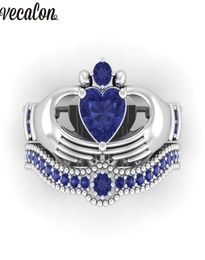 Vecalon Lovers Bague de Claddagh avec pierre de naissance bleue 5A Zircon Cz Or blanc rempli de fiançailles Bague de mariage Ensemble pour femmes hommes Cadeau5227042