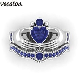 Vecalon Lovers Blue Birthstone Claddagh ring 5A Zircon Cz Or blanc rempli de fiançailles bague de mariage Set pour femmes hommes Gift244r