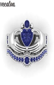 Vecalon Lovers Blue Birthstone Claddagh Anneau 5A Zircon CZ White Gold Rempeurs Bague de mariage Engagement Set For Women Men Gift8233606