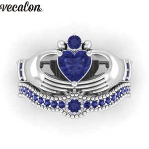 Vecalon Lovers Blue Birthstone claddagh ring 5A Zirkoon Cz Wit goud gevuld Engagement trouwring ring Set voor vrouwen mannen Gift299d