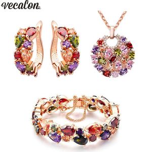 Vecalon luxe Mona Lisa Style multi couleurs 5A Zircon Cz or Rose rempli collier boucle d'oreille Bracelet ensemble de bijoux pour les femmes