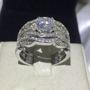 Vecalon nouvelle bague de mariage croix 3-en-1 pour femmes 2ct 5A Zircon Cz 10KT or blanc rempli bague de fiançailles femme