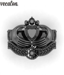 Vecalon nouvelle femme noir pierre de naissance bague de claddagh 5A Zircon Cz or noir rempli fête bague de mariage ensembles de mariée pour les femmes9126415