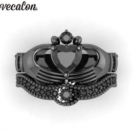 Vecalon New Female Black Birthstone claddagh anillo 5A Zircon Cz Negro oro lleno Fiesta anillo de boda Conjuntos nupciales para women187q