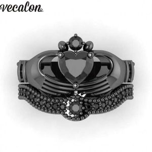 Vecalon nouvelle femme noir pierre de naissance bague de claddagh 5A Zircon Cz noir or rempli fête bague de mariage ensembles de mariée pour les femmes281M