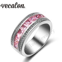 Vecalon Nieuwe Roze Sapphire Gesimuleerde Diamond CZ Wedding Band Ring voor Dames 10kt Witgoud Gevuld Vrouwelijke Verlovingsband SZ 5-11