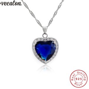 Vecalon Oceanheart Pendant 925 Sterling Silver Blue Zirkon CZ Weddingbetrokkenheid Hangers met ketting voor vrouwen bruidsjuwelen