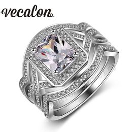 Vecalon princesa corte 4ct diamante simulado cz 3 en 1 anillo de compromiso conjunto de anillo de boda para mujer 10KT anillo relleno de oro blanco