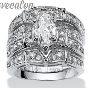 Vecalon Vintage bague de fiançailles de mariage ensemble de bagues pour femmes taille marquise 3ct Cz diamant 14KT or blanc rempli bague de fête