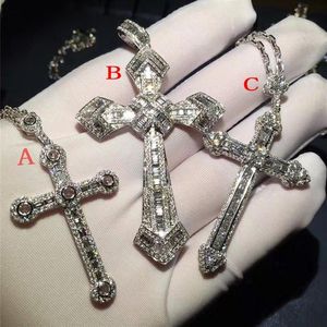 Vecalon Vintage Long Cross Pendant 925 Sterling Silver 5A CZ Stone Cross Pendant Necklace for Women Men Party Wedding Jewelry214G