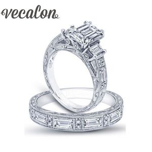 Vecalon Vintage bijoux de luxe femmes bague princesse coupe diamant simulé Cz 925 en argent Sterling bague de mariage ensemble pour les femmes