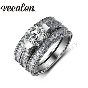 Vecalon Vintage bague 3ct diamant simulé cz 14KT or blanc rempli 3-en-1 bague de fiançailles mariage ensemble pour femme Sz 5-11