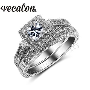 Vecalon Vintage bague de mariage ensemble pour femmes diamant simulé Cz 10KT or blanc rempli bague de fiançailles accessoires de fête