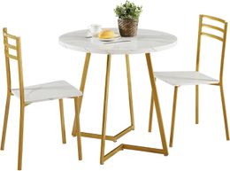 Vecelo Petite table à manger ronde Ensemble pour 2, tablette en bois en bois avec cadre en acier, Dinette moderne avec chaises pour le salon du coin du petit-déjeuner de cuisine, blanc et or