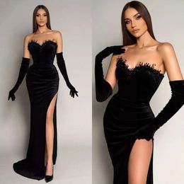Veet Formal Party Night Sweetheart Magnifique robe de bal noire plies robes à fente pour les occ spéciaux