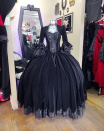 Veet gotische bal zwarte jurk trouwjurken met flare lange mouwen jas kant appliques vintage bruidsjurken vloer lengte maskerade jurk voor dames s