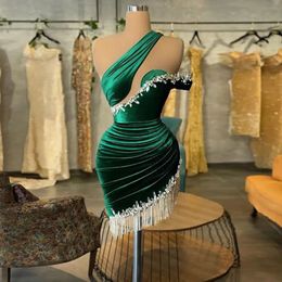 Veet Green Vestidos cortos sexys para fiesta de bienvenida sin mangas con borlas y cristales, vestidos de noche especiales para fiesta con cola, hechos a medida 328 328
