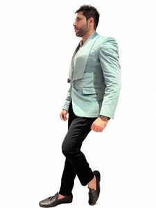 Veet Heren Pak 2 Stuks Groene Blazer Zwarte Broek Een Butt Brede Revers Slim Fit Busin Bruiloft Bruidegom Tailored kostuum Homme J4U2 #