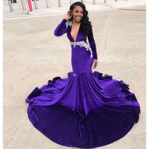 Veet Mermaid Purple Prom Dresses Deep V Necked Beaded Long Sleeves avondjurken Plus Size Sweep Train Formele feestjurk