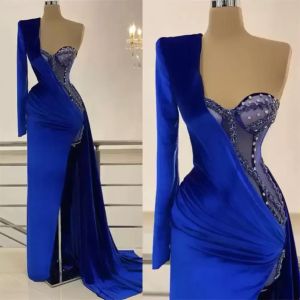 Veet Royal Blue Mermaid Robes Prom One épaule Side Split Perles Robe de soirée APPLIQUES MADE MADIE