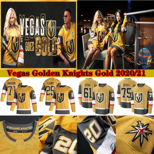 Vegas Golden Knights 2020-2021 Troisième maillot d'or 29 Marc-andré Fleury 61 Mark Stone 71 William Sson 67 Max Pacioretty Maillots de hockey 1430 5839