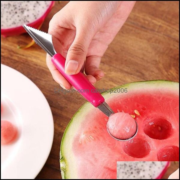 Herramientas para vegetales Cocina, Comedor Bar Hogar Jardín 2 en 1 Cuchillo para tallar bolas de frutas de doble cabeza Excavadora de sandías de acero inoxidable Bola de cuchara para melón