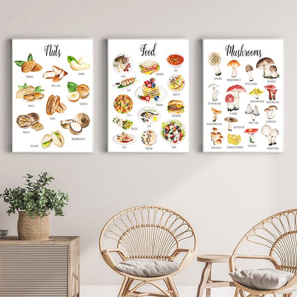 Vegetales Fruits Nuts Nuts Poster de hongos Estampado de acuarela Montessori Cabina educativa Pintura Fotos de pared Decoración de la cocina