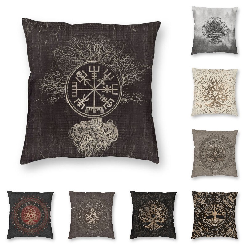 Vegvisir et Tree of Life Yggdrasil Throw Covers Covers Home Decorative Modern Viking Compass Outdoor Cushions Square