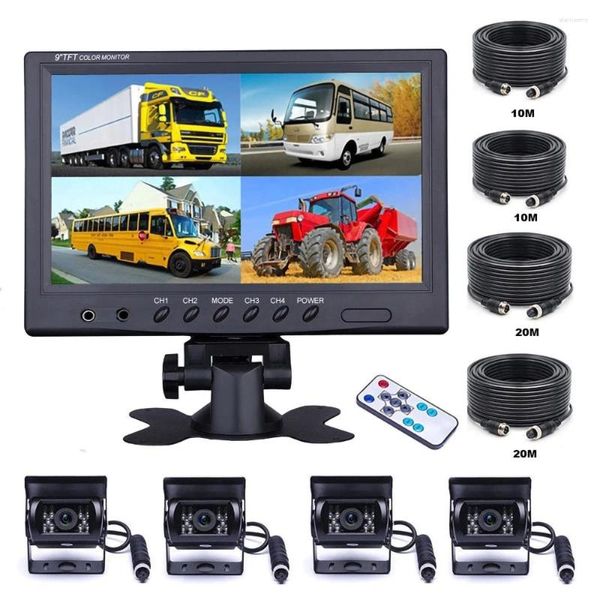 Moniteur LCD de vue arrière de voiture, 9 pouces, 4CH, Quad écran divisé, 4 broches, pour Bus, camion, caravane, Van, camping-Car, camping-Car, caméra de stationnement